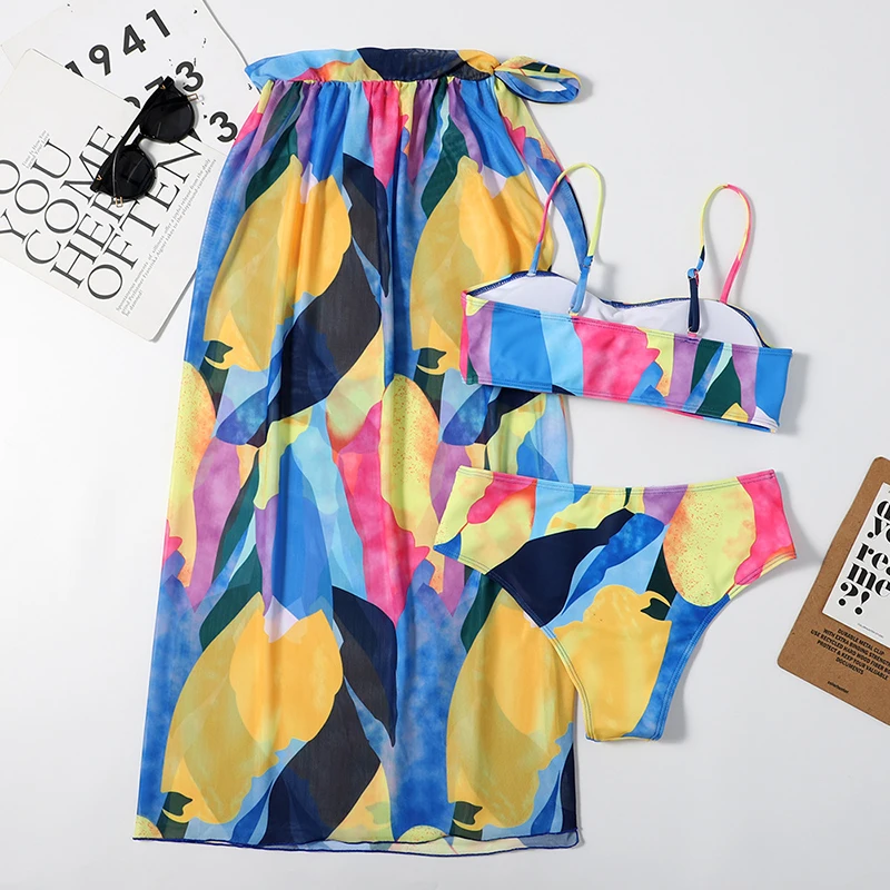 

Sexy Print Swimsuit Women Three Pieces Bikini Sets Summer High Waist Bathing Suit Female Elegent Cover Up Beach Swimwear LD1789