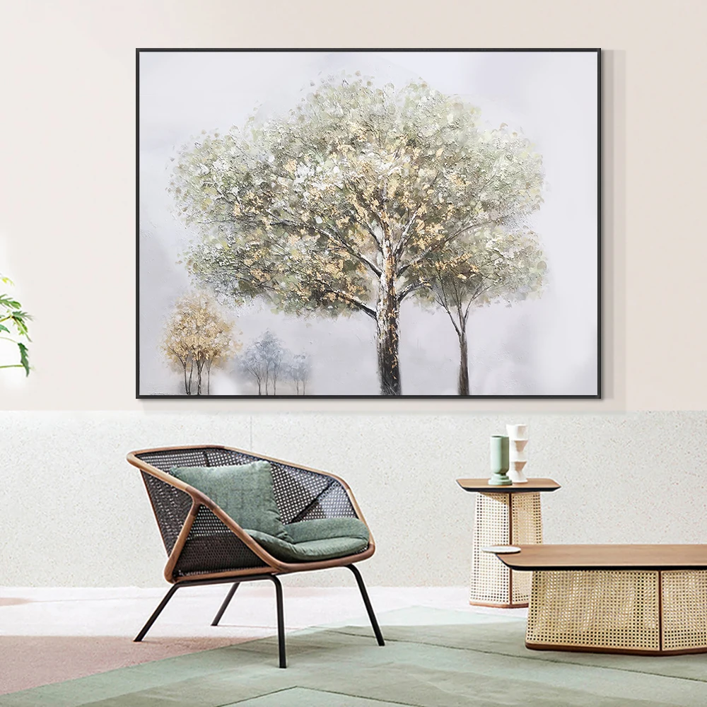 

Abstract Light Green Leaves Brown Tree Oil Painting With Gold Foil 100% Hand Painted On Canvas Landscape Wall Art For Home Decor