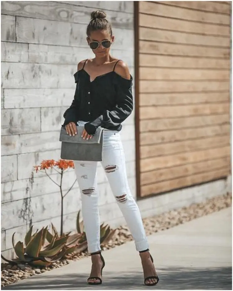 

Womens Hole Shoulder Solid V-neck Cold Shoulder Hole Sexy Top Shirt Top Women Blouse New Female Ladies Clothing