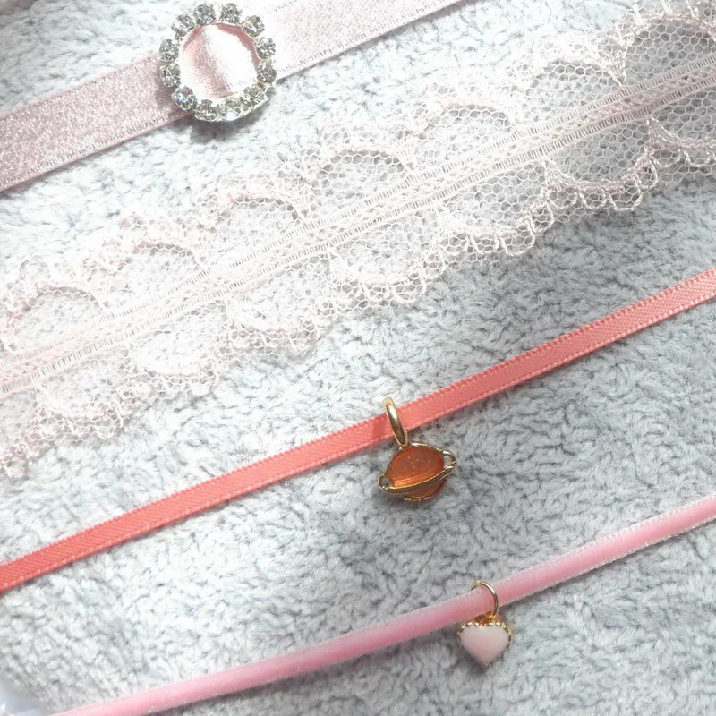 Pink Lace Ribbon Choker Necklace for Women Girls Fashion Cute Heart Simple Short Clavicle Collares Party Jewelry New FS16 | Украшения и