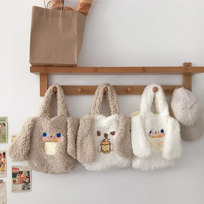 

Winter Soft Plush Women Cute Embroidery Shoulder Bag Long Ears Lamb Wool Ladies Handbags Lovely Furry Tote Messenger Shopper Bag