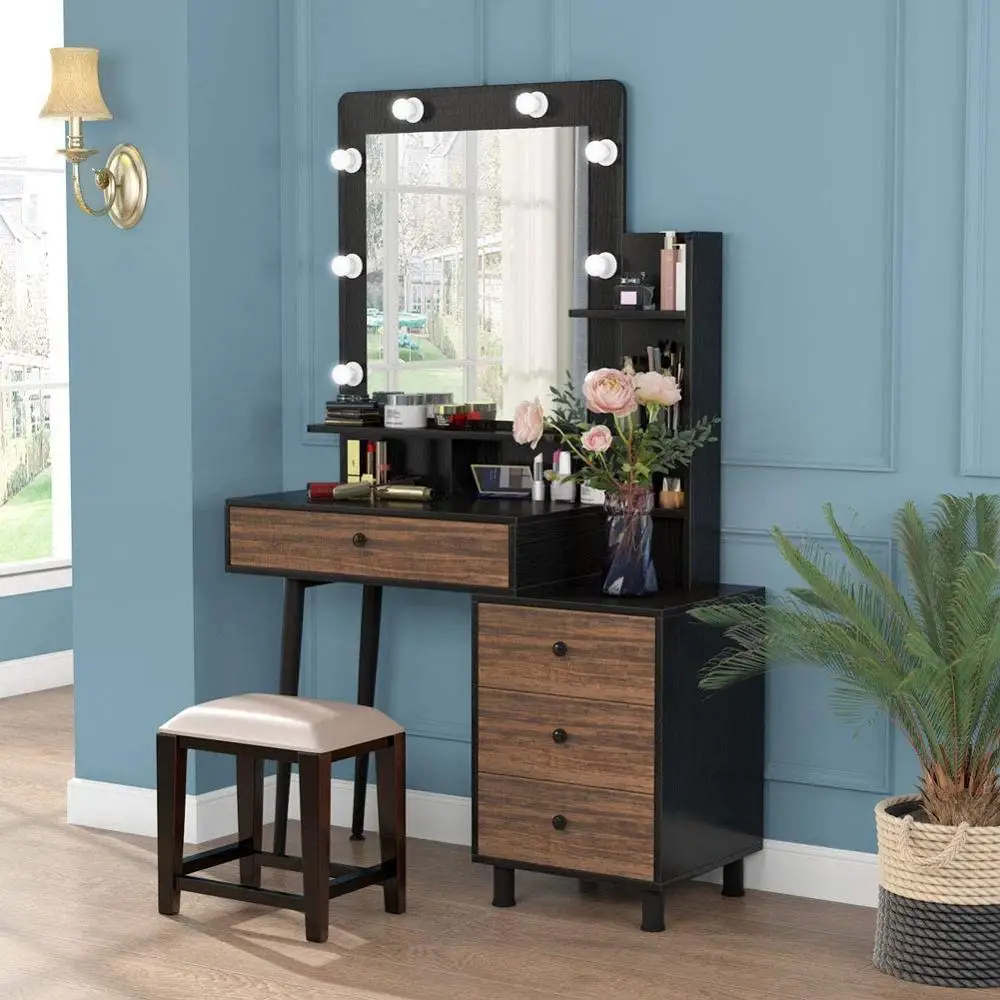 

Tribesigns Makeup Vanity Table with Lighted Mirror, Vintage Makeup Dressing Table with Large Drawer and 3-Drawer Chest