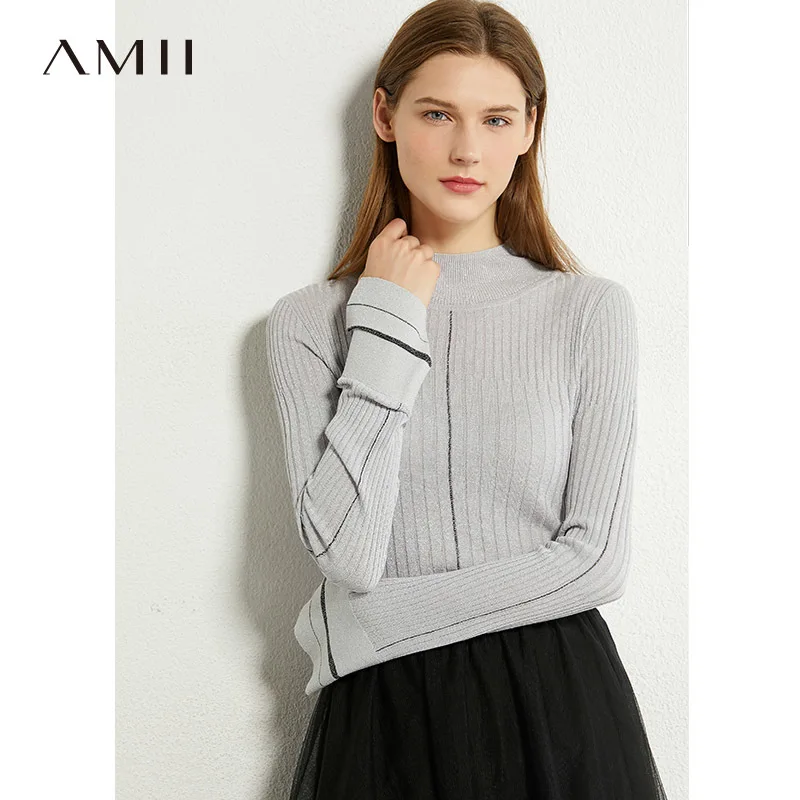 AMII Minimalism Autumn Fashion Women Sweater Causal Solid Stripe Slim Fit Turtleneck Female Pullover Tops 12030382 | Женская одежда