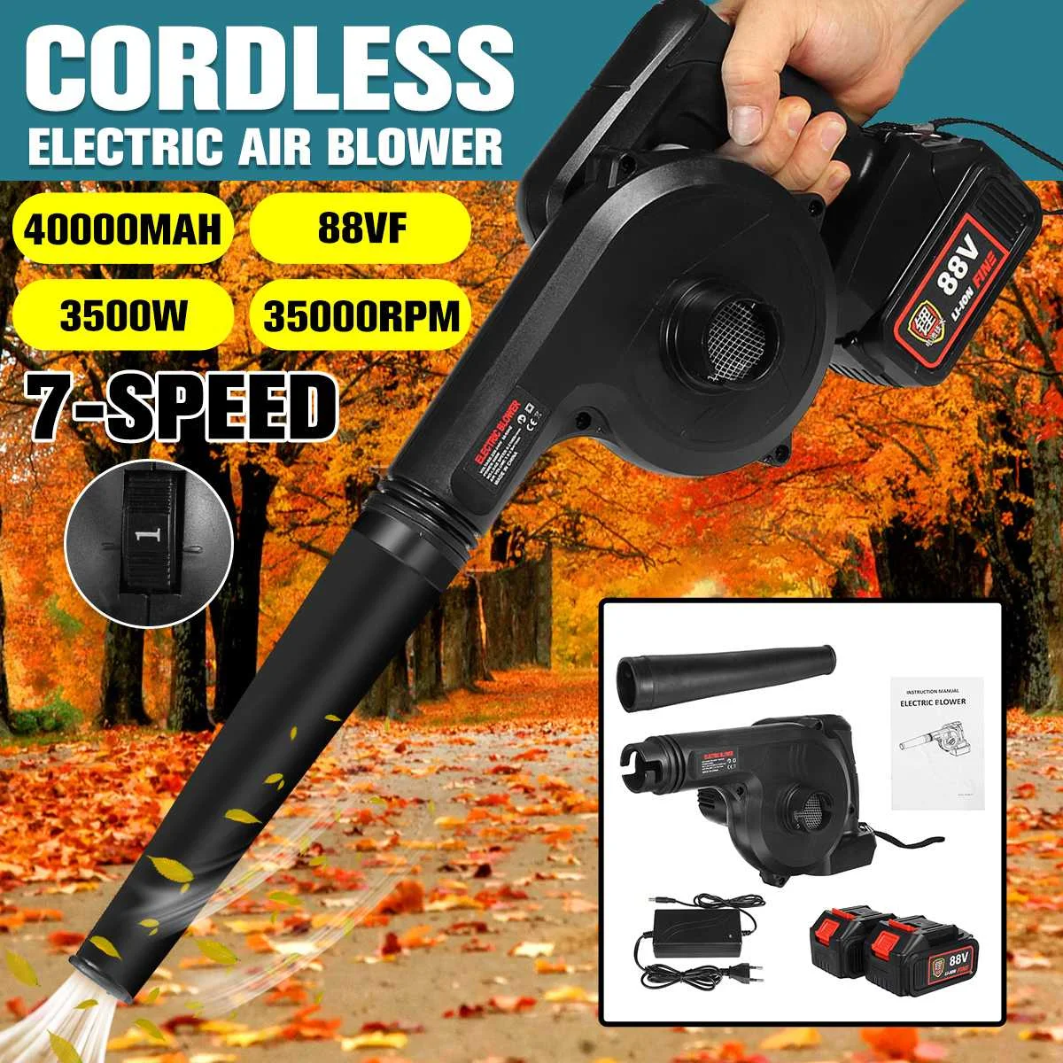 

3500W 7-Speed Foldable Cordless Electric Air Blower Blowing Suction Leaf Blower Dust Cleaner Collector For Makita 18V Battery