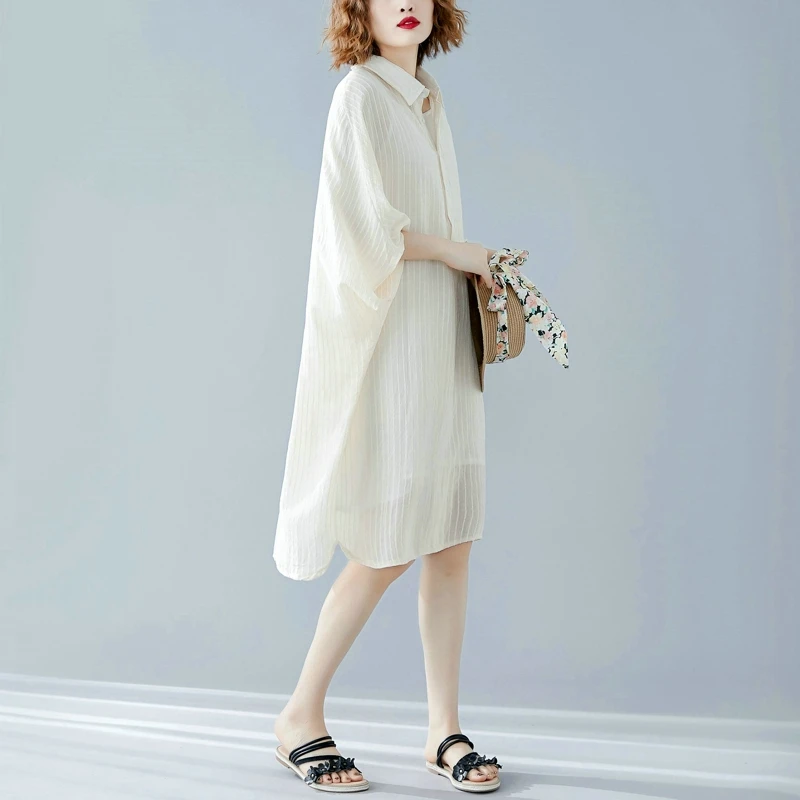 

JVCAKE Shirtdress Casual Slim Dress Female Pleats Chic Dresses Plus Size Dress 2020 New Women Vintage Thin Striped Summer Dres