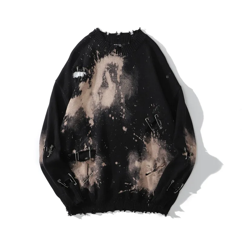 

Guochao autumn and winter new pin hole tie dyed men's dark loose Chao brand high street hip hop round neck sweater