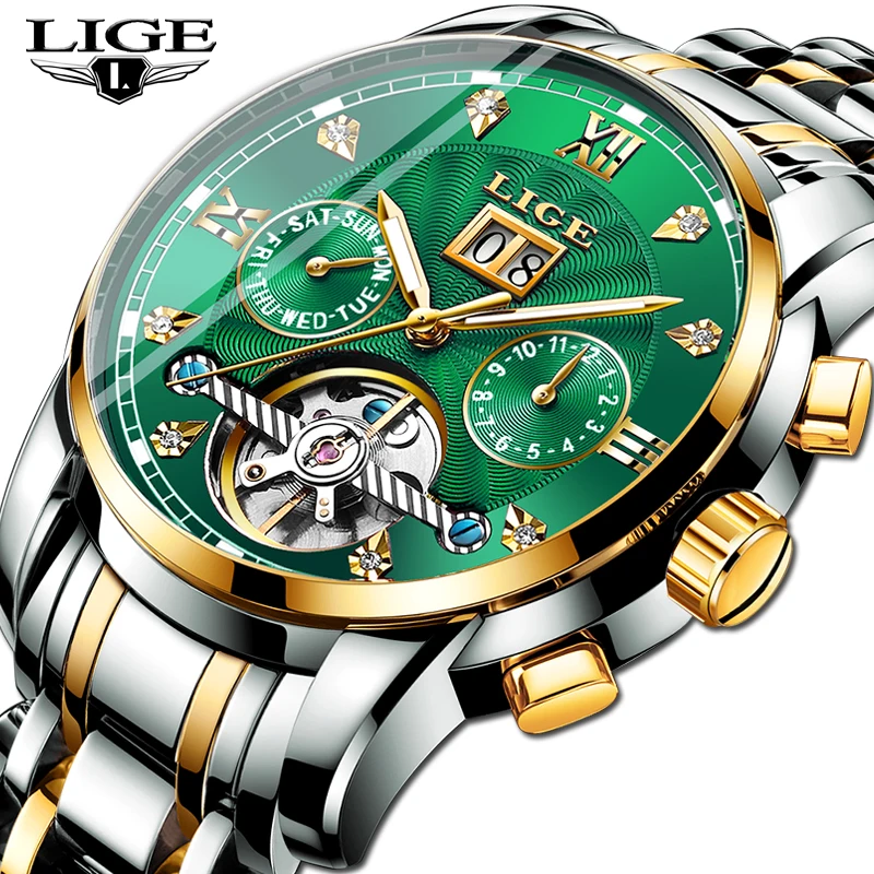 LIGE Mens Watches Top Brand Luxury Fashion Automatic Mechanical Watch Men All Steel Sport Waterproof Clock Relogio Masculino+Box t winner luxury fashion sport men automatic mechanical watch skeleton crystal decorated leather strap relogio masculino clock