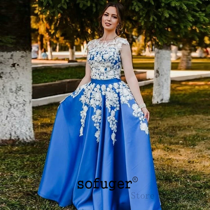 Синий атласный совок мать невесты Платья Белая аппликация вечернее платье Vestido de