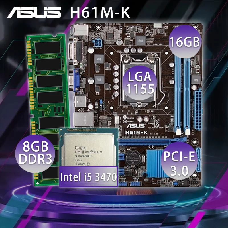 

Asus H61M-K материнская плата с процессором Intel Core i5 3470 + 8 Гб DDR3 Материнская плата Combo PCI-E 3,0 Intel H61 Игровая плата-материнская плата 1155 Новинка