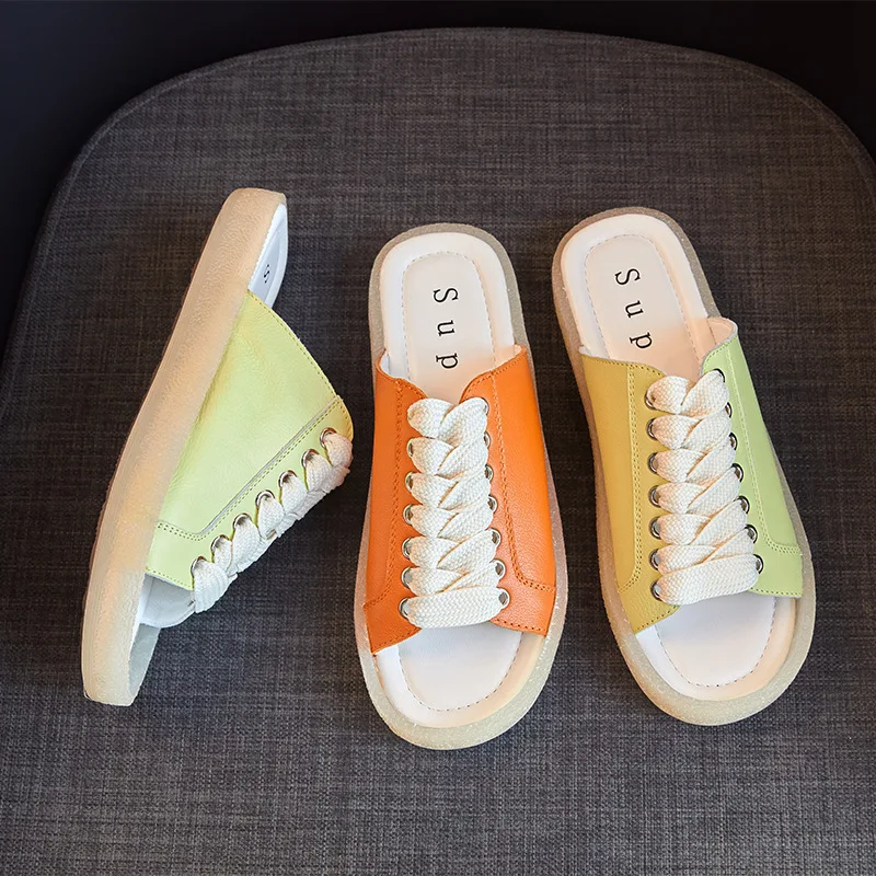 Summer New 2020 Fashion Leisure Womens Shoes Soft Bottom Sandals Cross-tied Tendon Bottom Flat With Low (1cm-3cm) Non-slip Solid