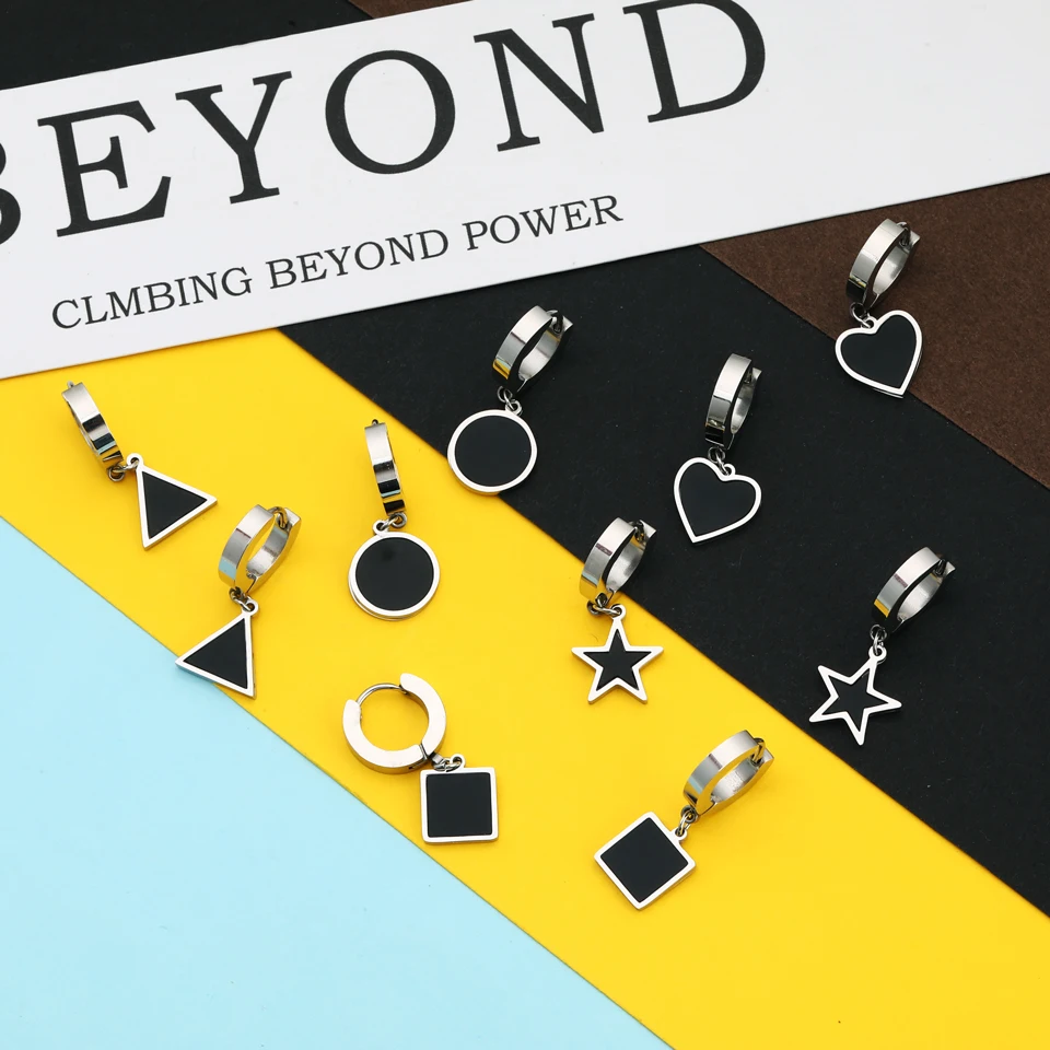 Серьги-подвески с черной эмалью и звездой для женщин серебряные из нержавеющей