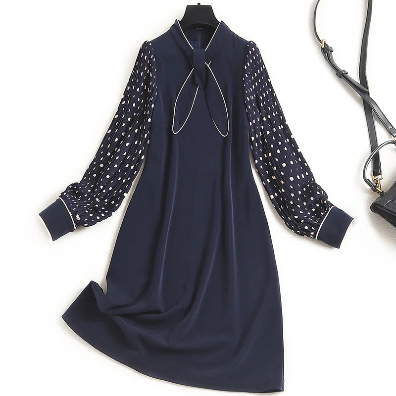 

Женское дизайнерское платье в горошек, элегантное белое платье-трапеция с бантом и рукавами-фонариками в стиле пэчворк, весна-лето 2021