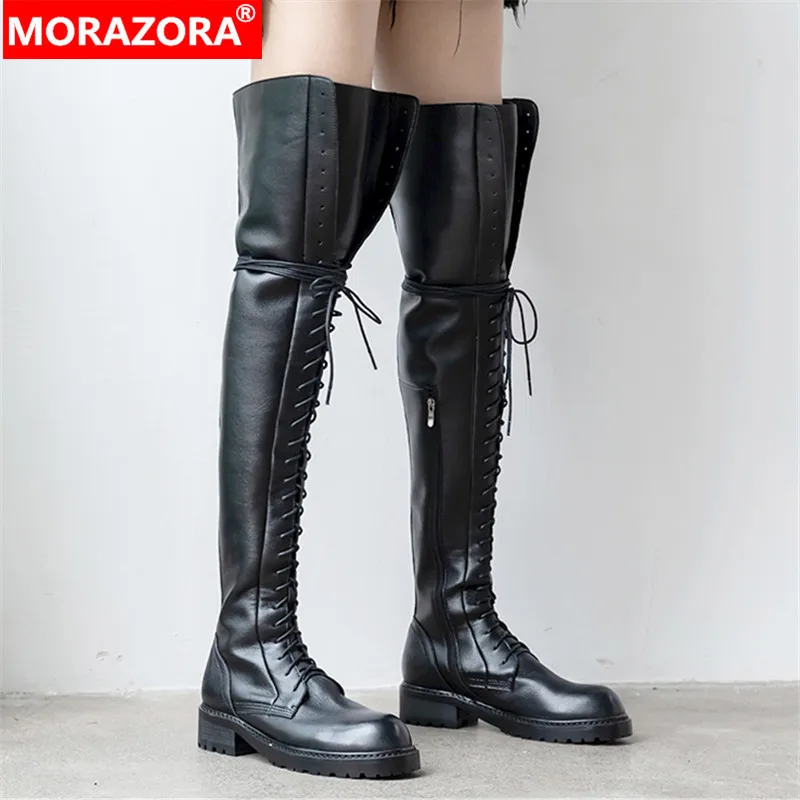 Женские сапоги на шнуровке MORAZORA черные до бедра из натуральной кожи платформе и