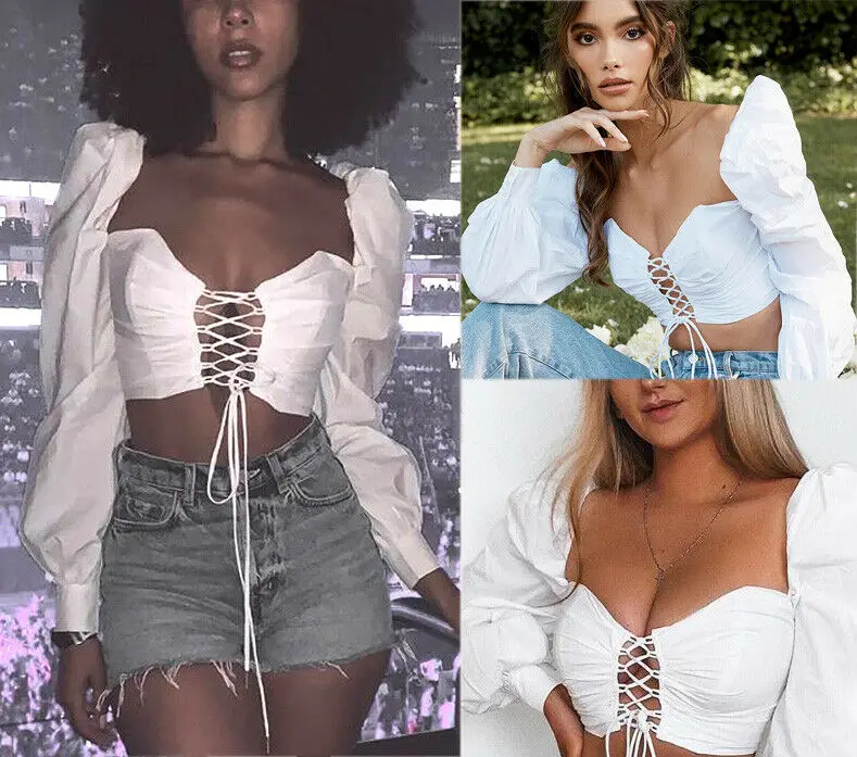 Women's Front Bandage Crop Top Summer Casual Solid Tops Long Sleeves Shirts | Дом и сад