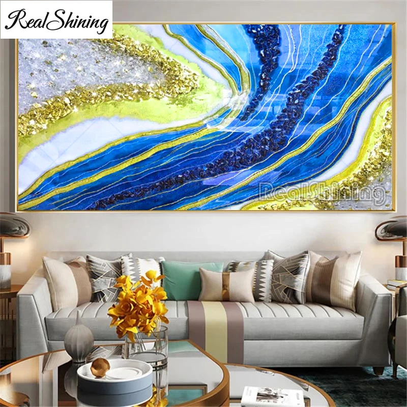 

Роскошная алмазная живопись для творчества, абстрактная синяя золотая вышивка из ландшафт с морскими волнами страз, 5d круглая квадратная б...