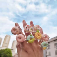 new cartoon colorful resin acrylic simulation food cake donut flower pineapple rings for women sweet round hollow rings jewelry
