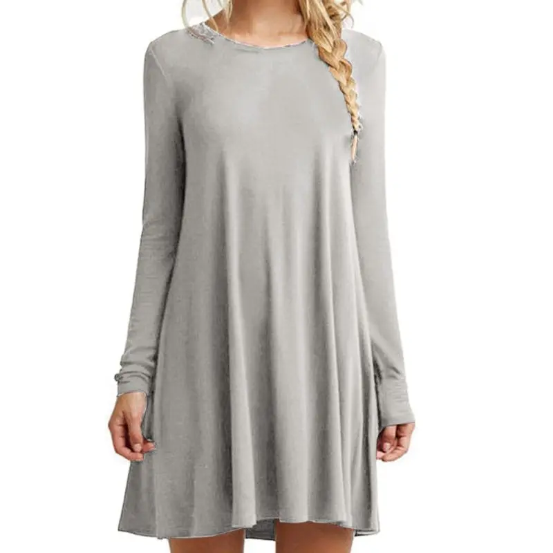 

Womens Plus Size Long Sleeve Loose Midi Long T-Shirt Dress Solid Color Casual Pleated Swing Round Neck Pullover Streetwear