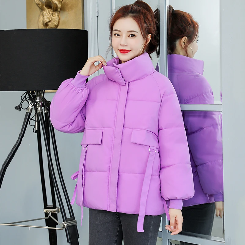 Solid Stand Collar Loose Women's Winter Jacket Korean Style Warm Parka Long Sleeve Oversized coat Black Puffer | Женская одежда