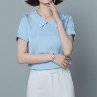 qoerlin silk shirts short sleeve summer blouse tops office ladies pink blue workwear turn down collar casual loose blouse shirts