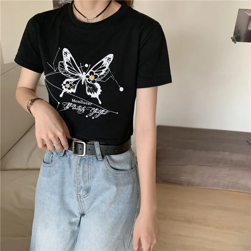 

Butterfly Printing Short Crop Top Short Sleeve T-shirt Women's New Summer Fashion Exposed Navel Harajuku Women tube Top T Shirt