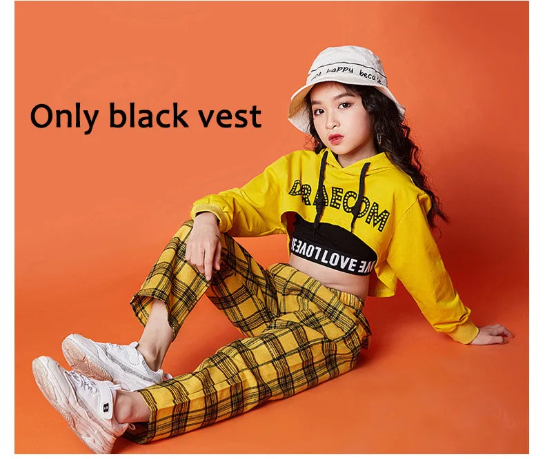 Black vest Костюм для джазовых танцев для девочек, детская одежда для выступлений в стиле хип-хоп желтого цвета, детский уличный/современный танцевальный наряд для практик DQL035 - Цвет: Black vest