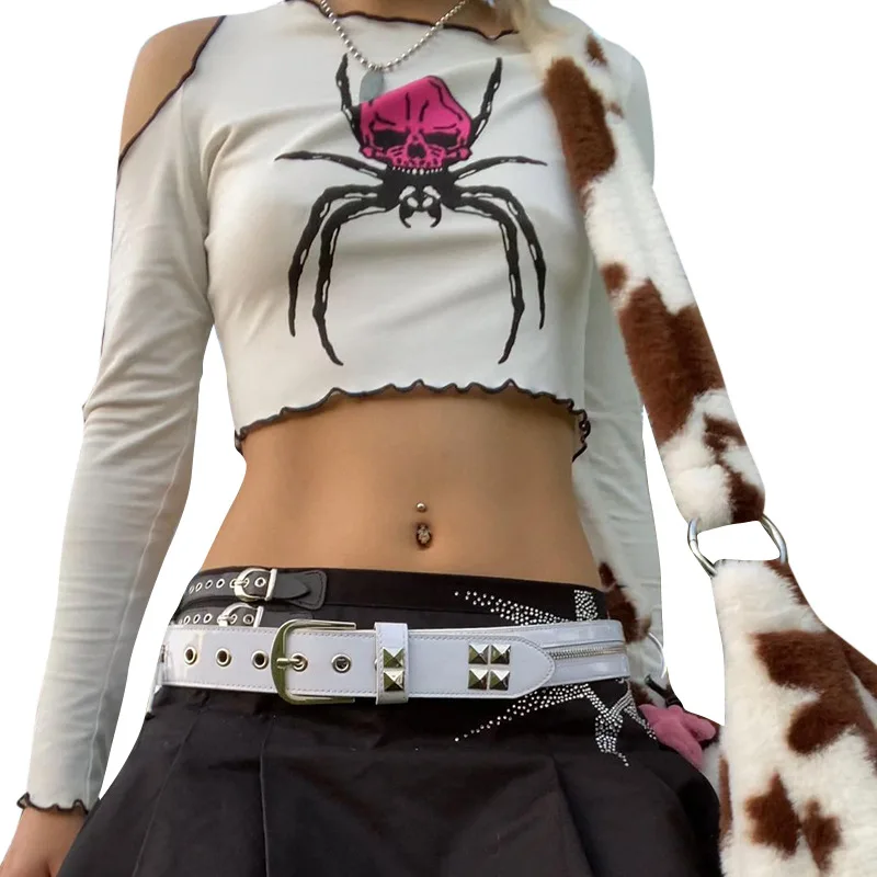 

trafaluc O-neck T-shirt Spider Print Crop Top Fairy Grunge Harajuku Woman Clothes Casual Pullover fall trf cyanrose allentati