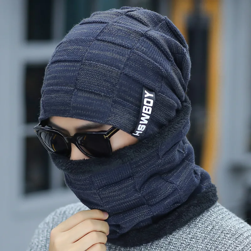 

Men Winter Beanie Hats Scarf Set Windproof Warm Knit Hat Women Cap Neck Warmer Thick Fleece Women Male Hat New