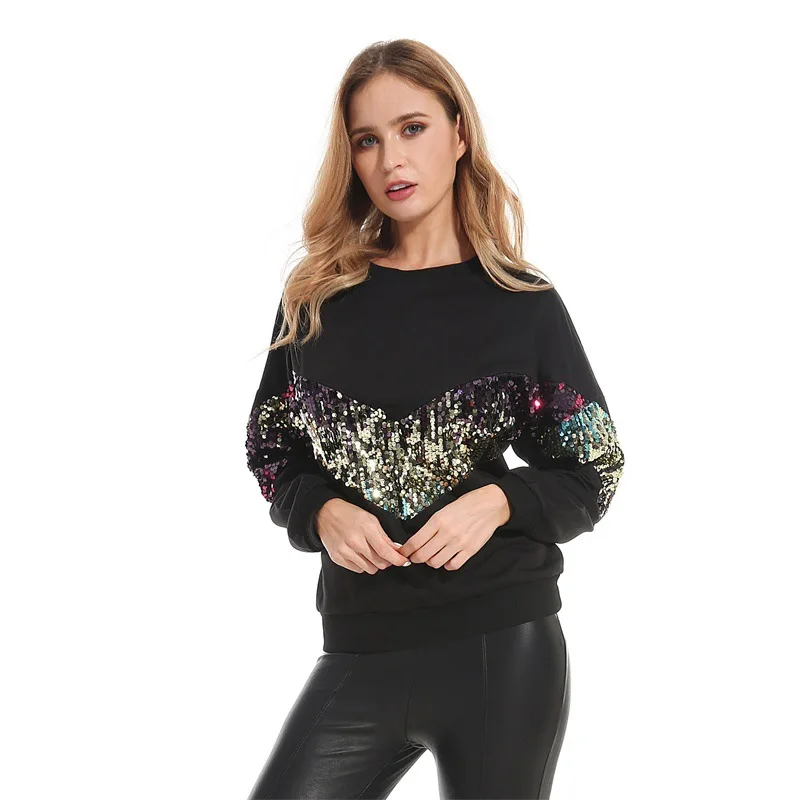 

Black Patchwork Sequin Long Sleeve Pullover Active Chic Women Tops Crew Neck 2019 Autumn Casual Women Sweatshirts