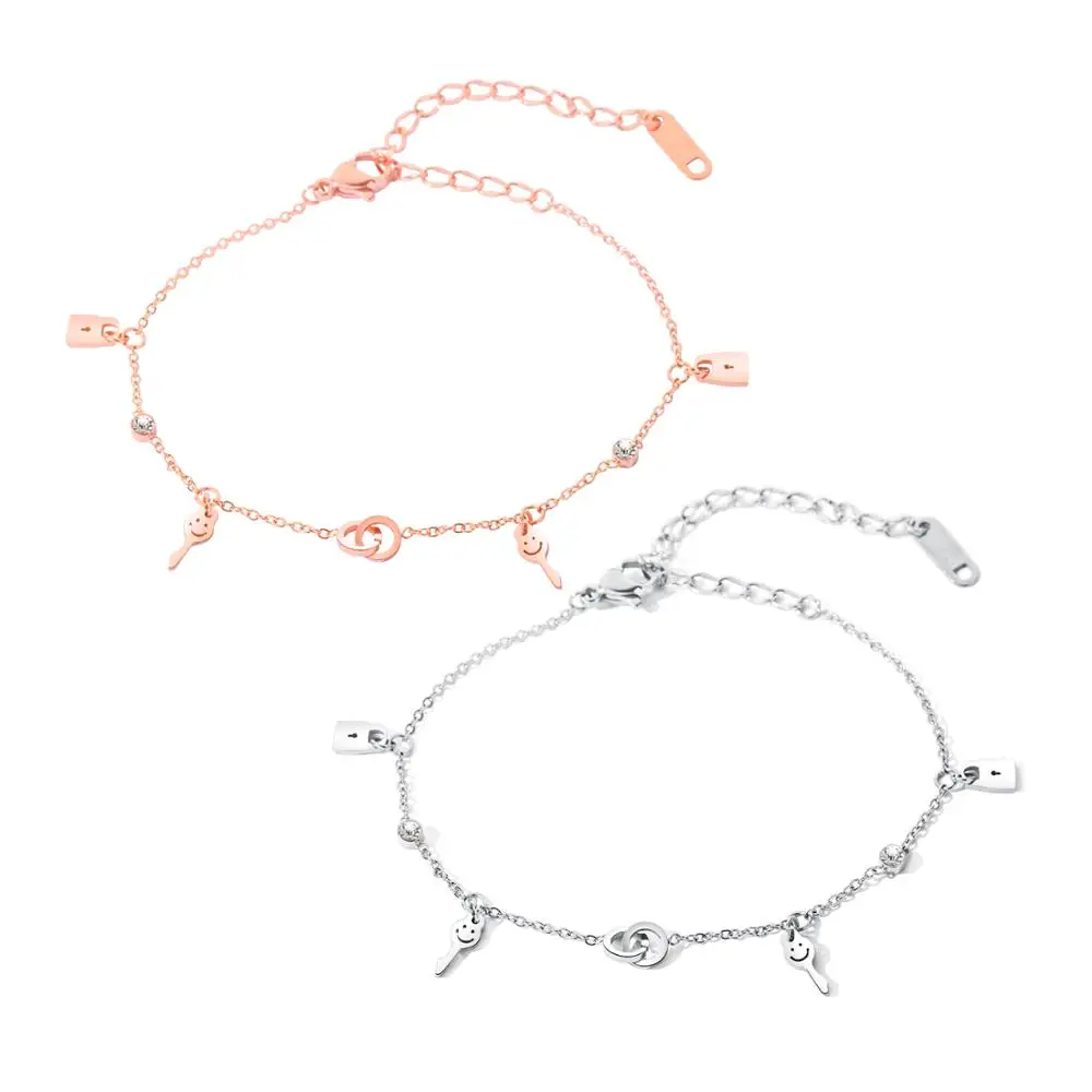 

Trendy Stainless Steel Key&Lock Charm Bracelets Bangle For Women Girls Bohemia CZ Crystal Chain Link Beach Bracelet