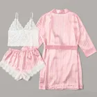 Новинка 2021, пикантная Пижама, эластичный атласный розовый пиджак в полоску, кружевной сексуальный костюм, пижамный комплект для женщин