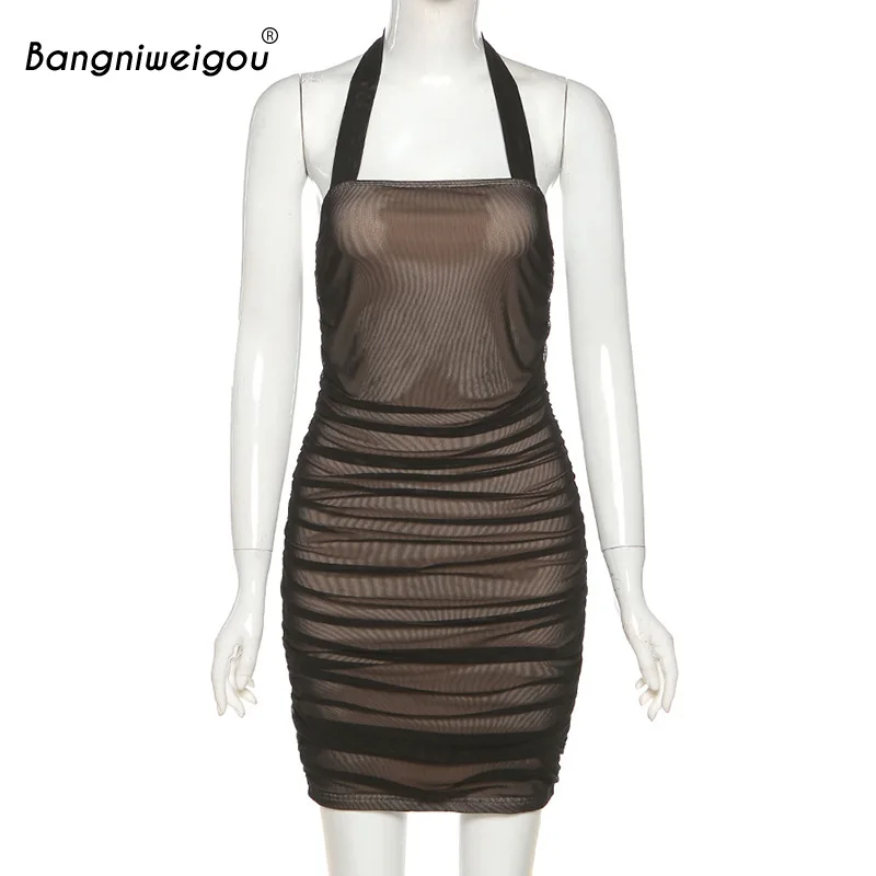 

Bangniweigou 2021 mesh 2 layers halter club tube robe women fashion nightclub backless sexy slim bandage mini dress red black