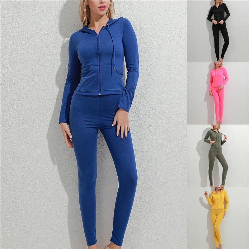 

Autumn 2pcs/Set Long Sleeve Hoodie Coat Zipper Pocket Sports Jackets + Leggings Sports Set Elastic Matching Outfits For Ladies