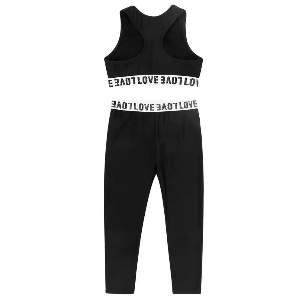 2PCS Children Sports Set Kids Girls Ballet Workout Fitness Suit Sport Outfit Letter Printed Sleeveless Tanks Crop Top + Leggings