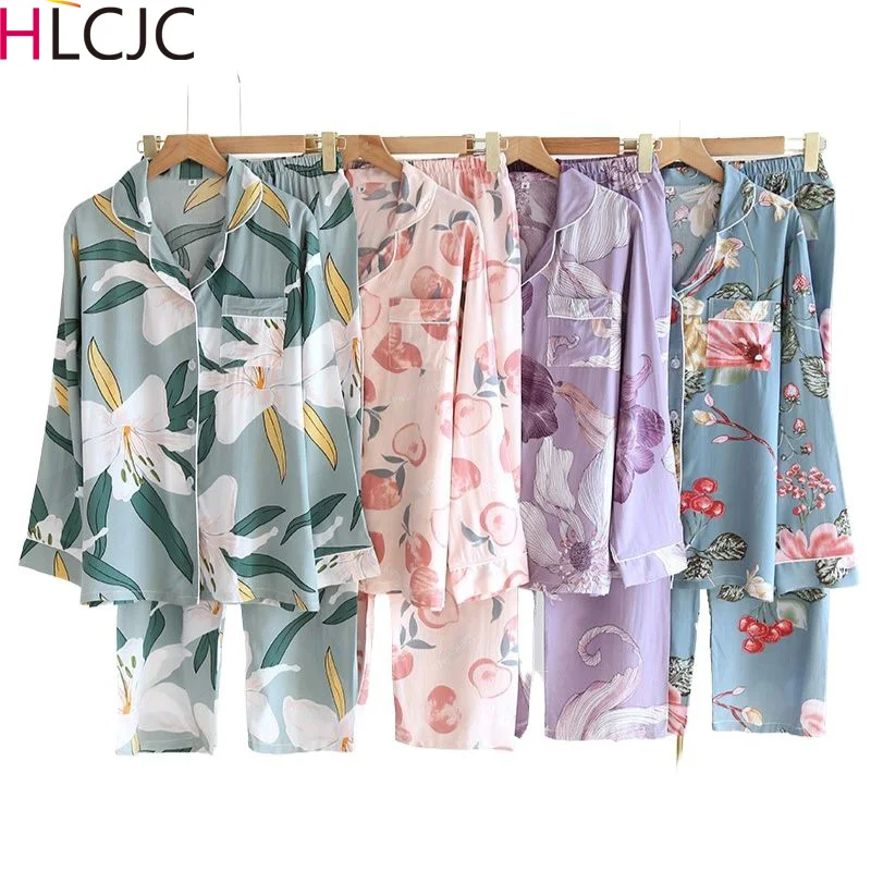 

Spring Summer Fresh Floral Pajamas Sets Women Sleepwear Cozy 100% Viscose Long Sleeve Quality Pyjamas Women Homewear Hot Sale