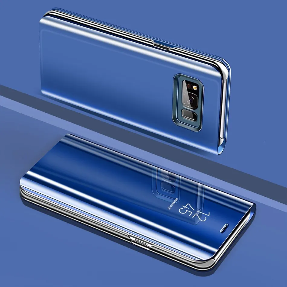 Blue Умный зеркальный Флип Кожаные чехлы для samsung Galaxy J4 J6 J8 A7 A9 A6 A8 плюс J3 J5 J7 A3 A5 S6 S7 край Капа - Цвет: Blue