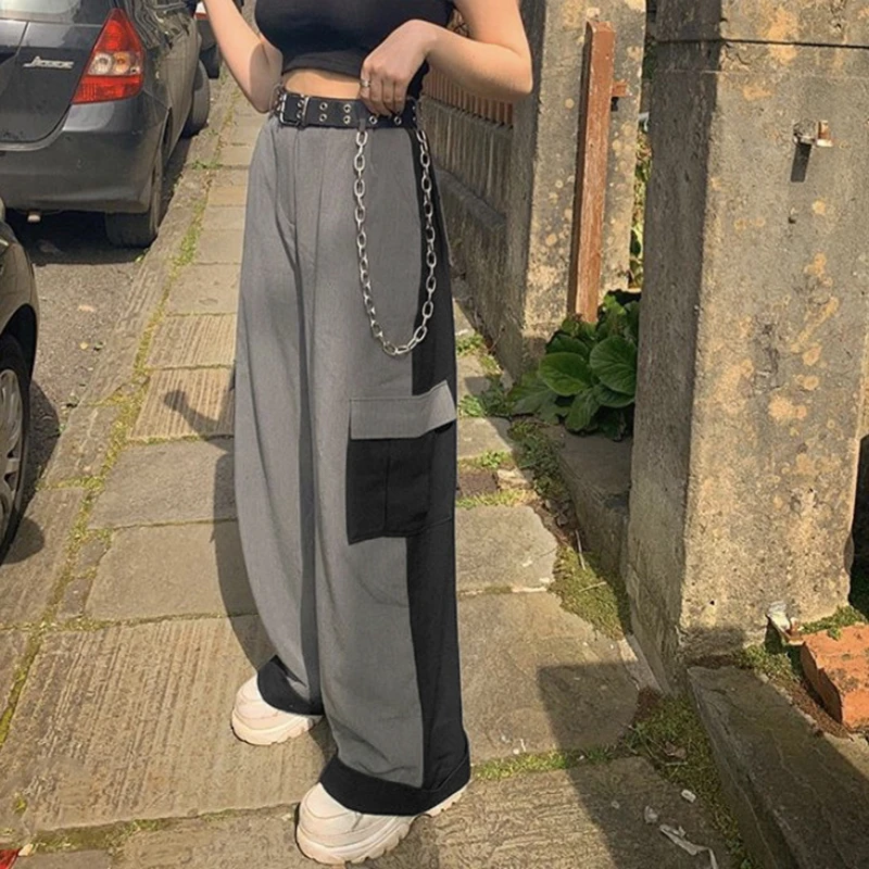 

Fashion Pokect Color Patchwork Loose Pants Female Korean Wide Leg Trousers 2021 Casual High Street Hipper Cargo Pant Y2K
