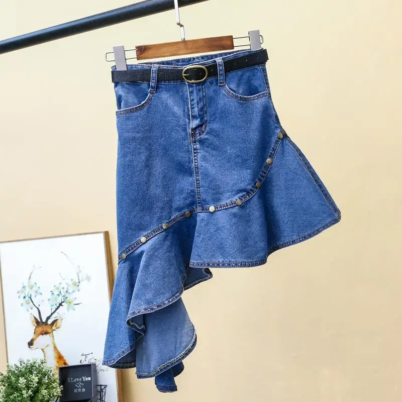 

Spring Summer Skirt Women Denim Irregular Solid Rivet Casual High Waist Preppy Style Cute Sweet Vintage Sexy Streetwear D282