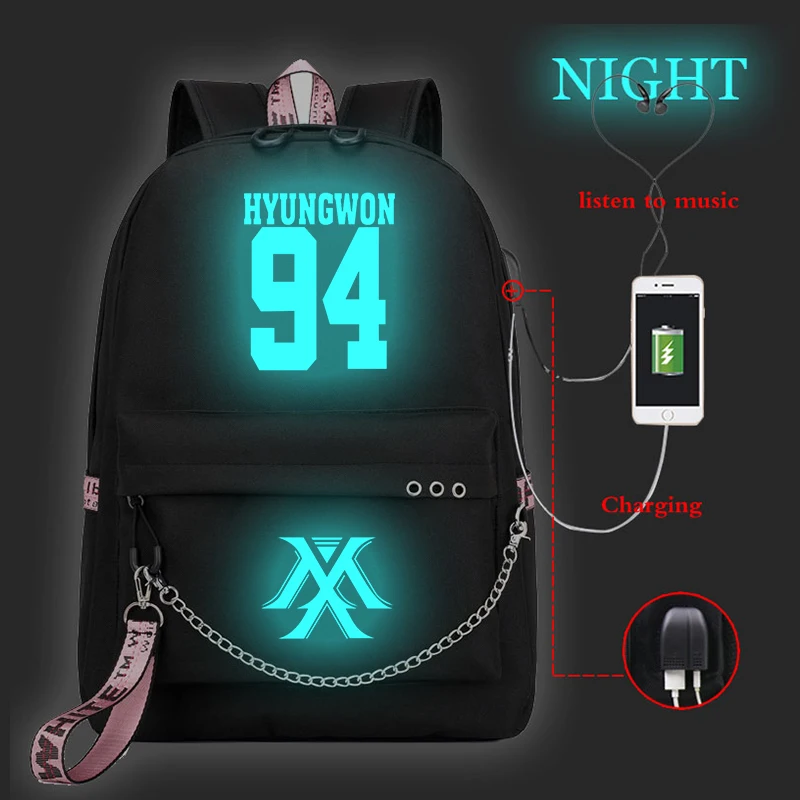 Mochila Feminina Kpop MONSTA X рюкзак женский рюкзак Usb зарядка школьные сумки для девочек-подростков светящийся дорожный рюкзак для ноутбука