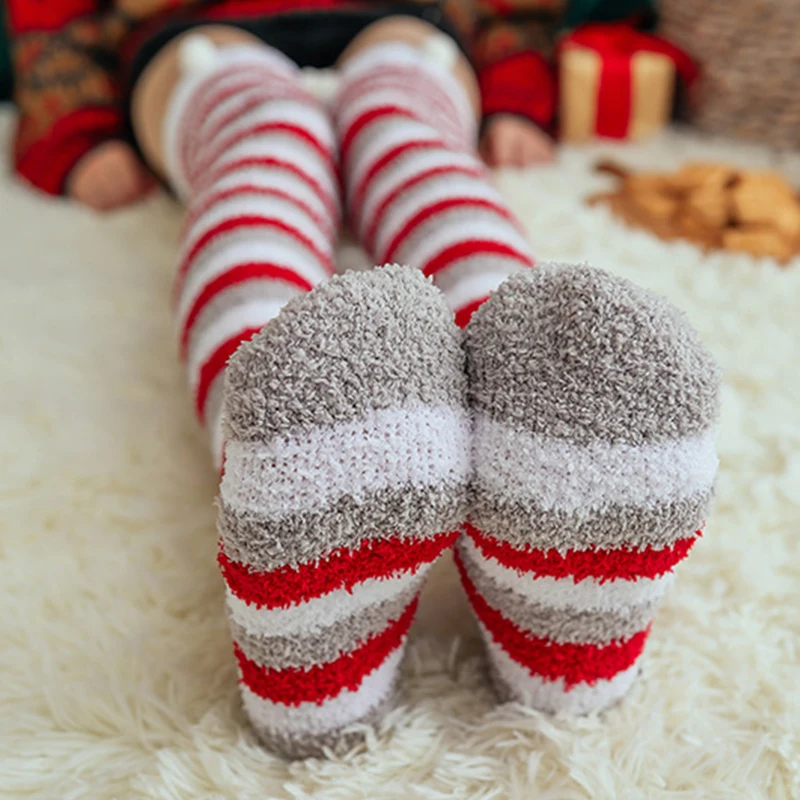 

Autumn Winter Christmas Stockings Fluffy Floor Knee Socks For Women Santa Claus Striped Thicken Warm Velvet Knee High Stockings