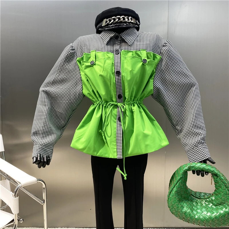 

New Brand Original Design 2021 Contrast bird check coat college Lapel long sleeve drawcord waist Bomber Jacket