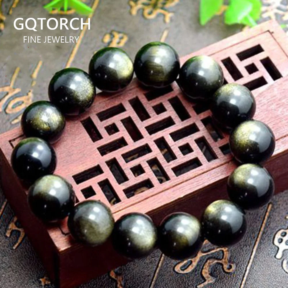 Золотой цвет натуральный обсидиан браслет для мужчин и женщин пара стренг