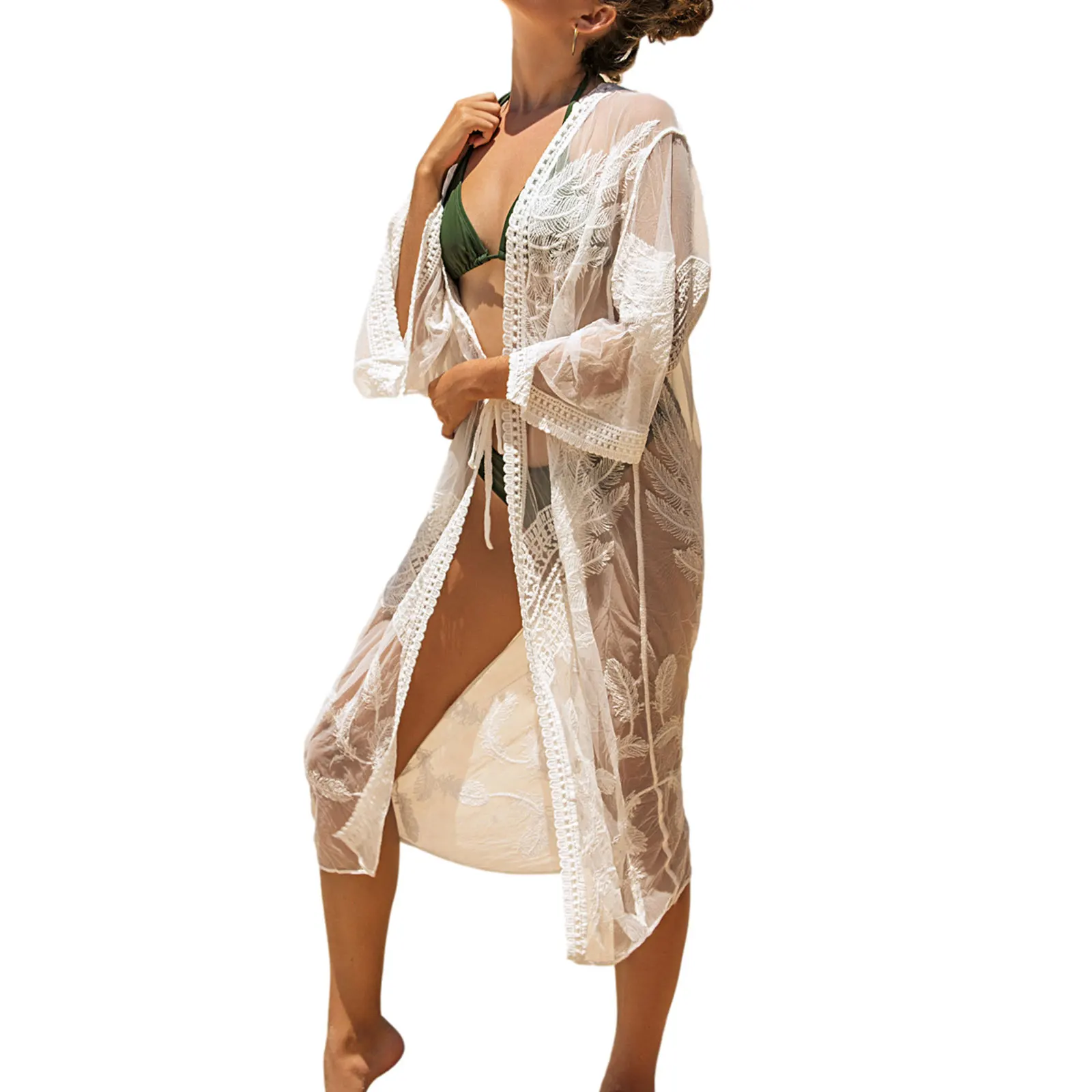 

2021 Women Mesh Embroidered Cover-upsAdults Sexy See-through Belted Three-quarter Sleeve V-neck Lace Cardigan Beachwear