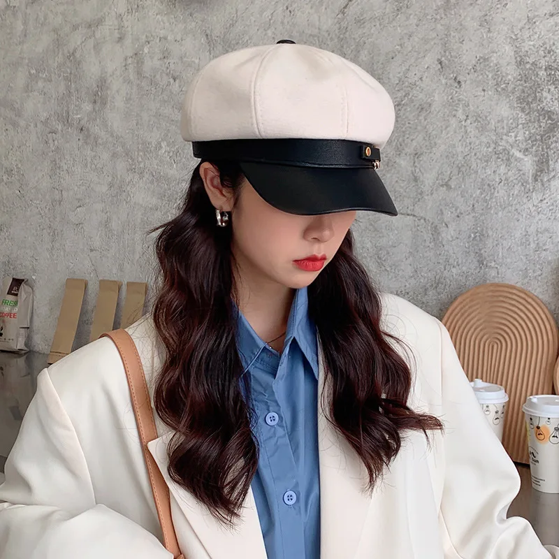 

Women's Hat 2021 New Beret Leather Buckle Octagonal Hat Women's Kepi Korean Version Autumn and Winter Retro Painter Hat Beret