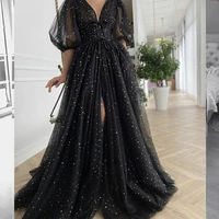 black starry evening dress 2021 sparkly a line v neck puffy half sleeves side slit pleat tulle sweep train party prom gown