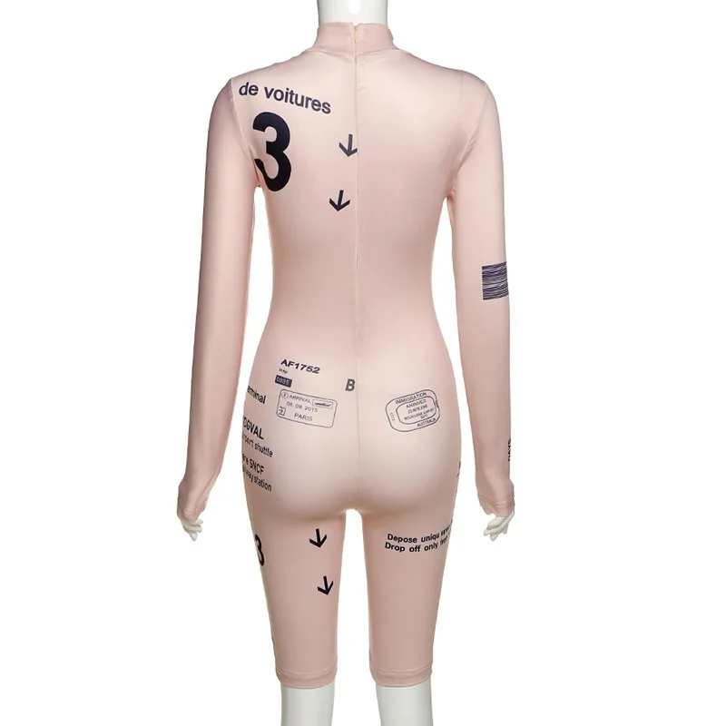 

Shestyle Letter Number Printed Zipper Rompers Women Skinny Tight Long Sleeve Stand Collar Elastic Sporting Shorts Playsuits