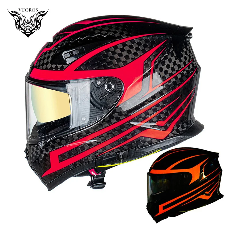 Vcoros VF-602 Carbon Fiber Full Face Motorcycle Helmet Man Motorbike With Double Lens Casco Moto capacete de motoci DOT | Автомобили и