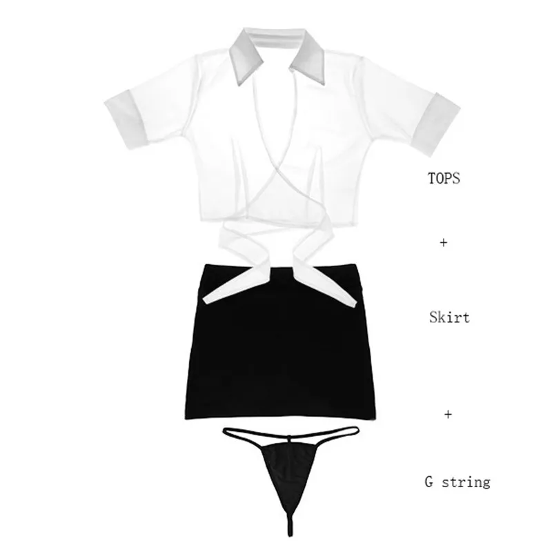 

Lady Sexy Transparent Slim Nightclub Party Mini Secretary Erotic Uniform Outfits Women Crop Top & Skirt & G String 3 Piece Sets