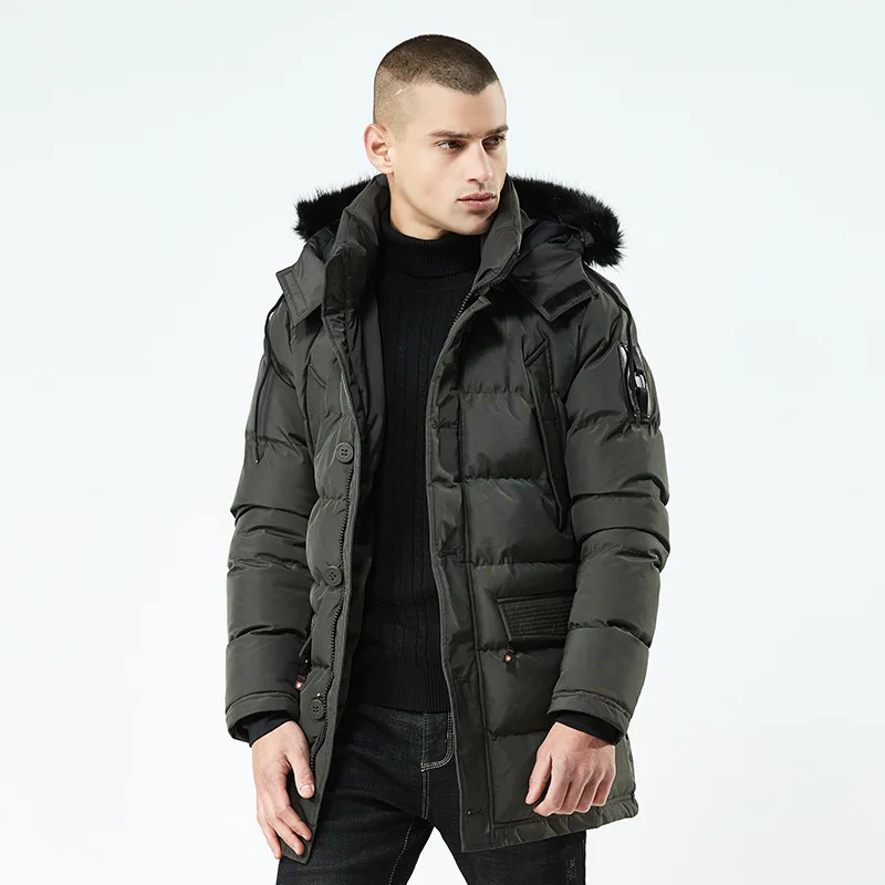 Medium Length Parka Men Fur Collar Thicken Wind Proof Winter Warm Loose Casual Fashion Hooded Male Coat
