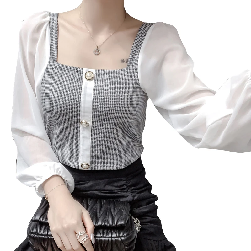 

Women's Spring and Autumn New Plaid Shirt Women's Retro Hong Kong Style Shirt Collarbone Square Collar Puff Sleeve Elegant