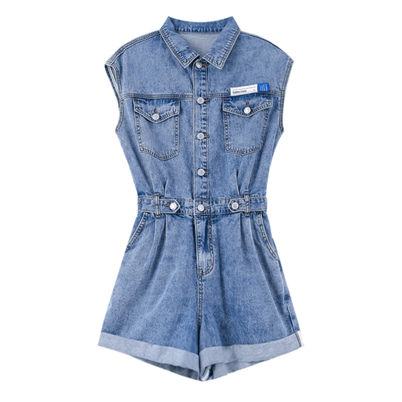 

SHENGPALAE Streetwear Denim Rompers Women's Summer 2021 New Lapel Single Breasted Thin Sleeveless Pocket Playsuits Female 5E1634